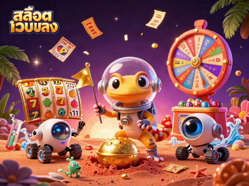 Engage with สล็อตเว็บตรง as a Martian gecko discovers a hidden golden casino amidst vibrant game symbols.