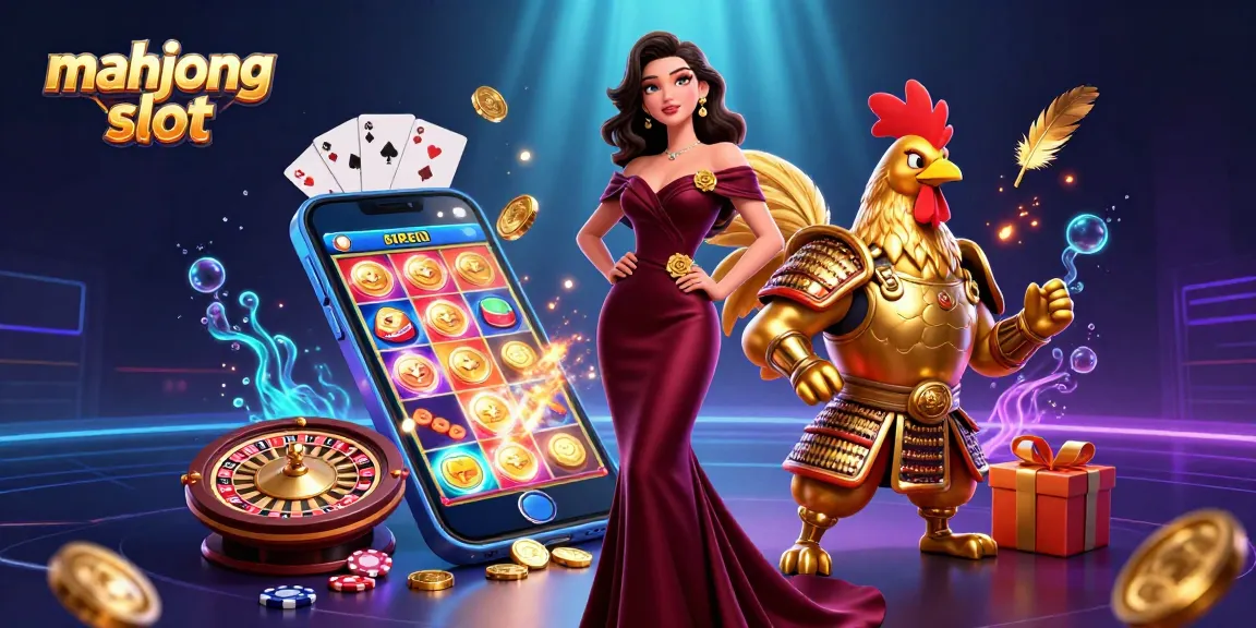 Engage with mahjong slot in a vibrant casino scene showcasing a glamorous woman and golden rooster warrior.