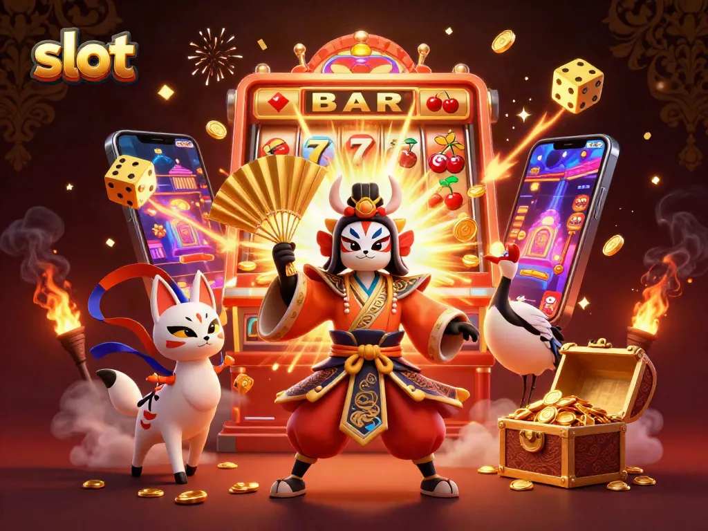 Engage with thrilling slot gameplay as a kabuki warrior celebrates jackpots and spins.