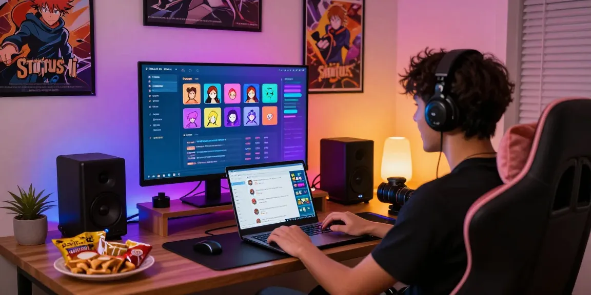 Gamer interacting with the Status app, showcasing colorful avatars and social media dynamics in a cozy gaming environment.