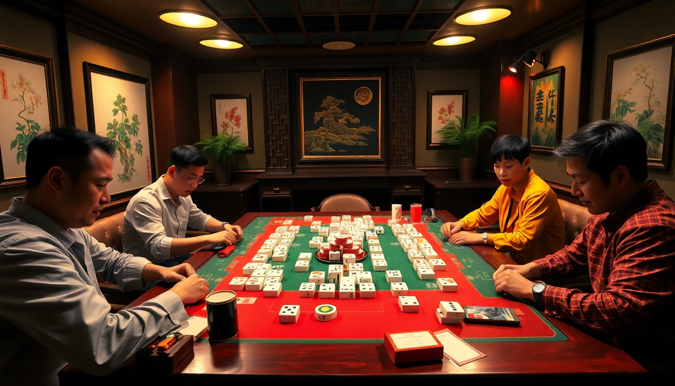 Mengambil bagian dalam permainan demo mahjong yang menarik dan kompetitif di meja yang dikelilingi pemain.