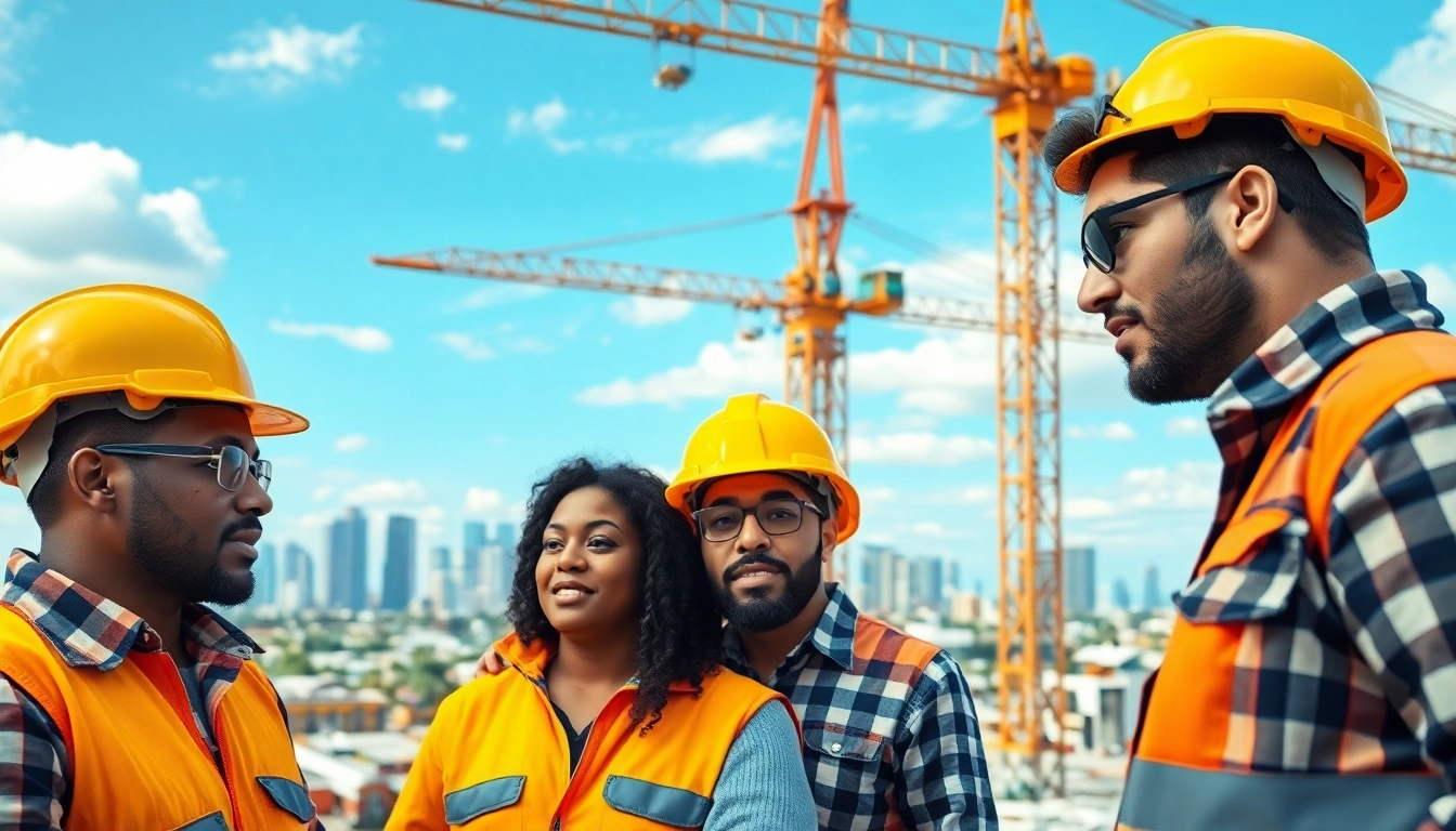Construction career professionals collaborate energetically at a vibrant job site.