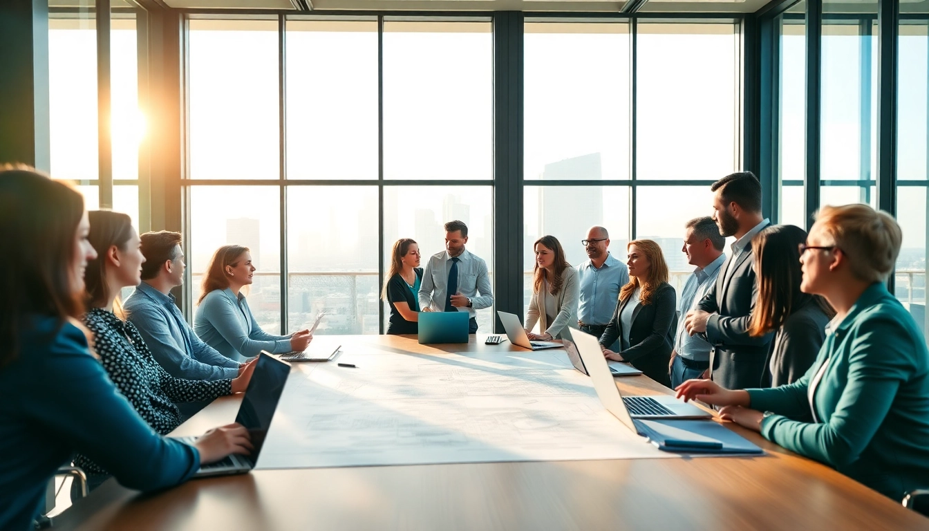 Engage in construction advocacy discussions with diverse professionals at a modern office meeting.