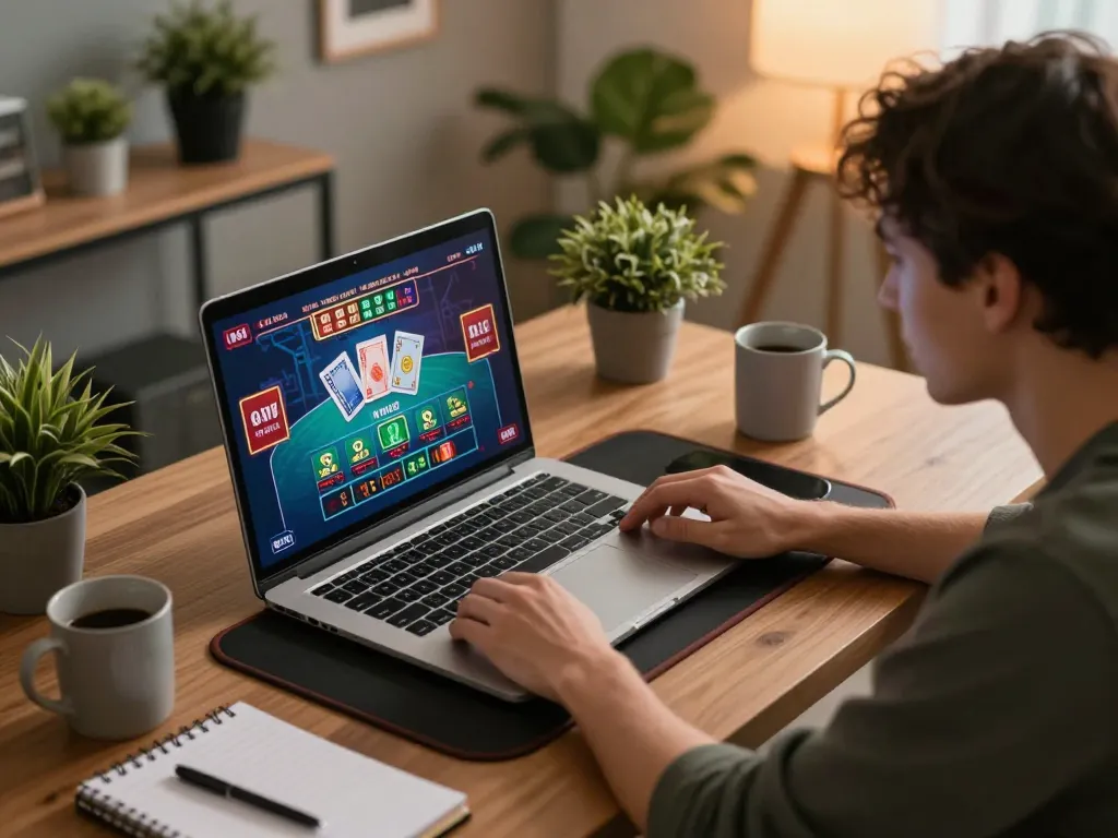B52 online gameplay showcasing user interacting with live dealer game on laptop with vibrant casino graphics.