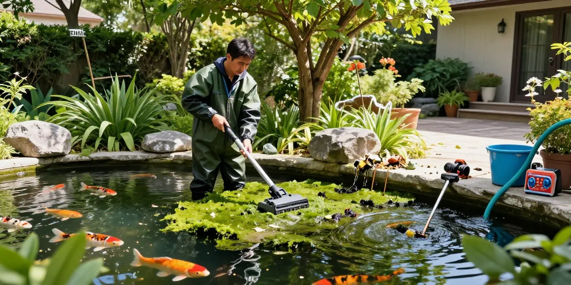 Pond Cleaning Essex service with professional cleaner tending to a vibrant garden pond