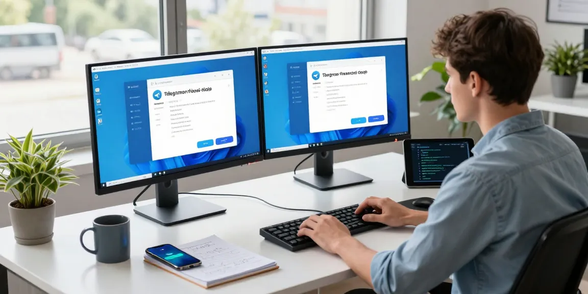 Developer coding telegram中文版 on dual monitors in modern workspace