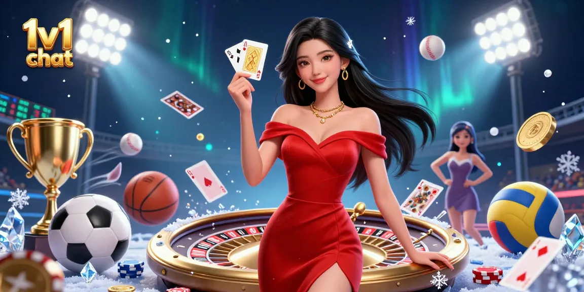 Engage in thrilling 1v1 chat action with immersive 3D casino graphics featuring a stunning woman and roulette elements.