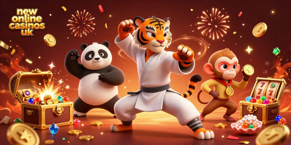 Engage with new online casinos uk through a lively illustration of a kung fu tiger, panda, and monkey amidst slot reels and gold coins.