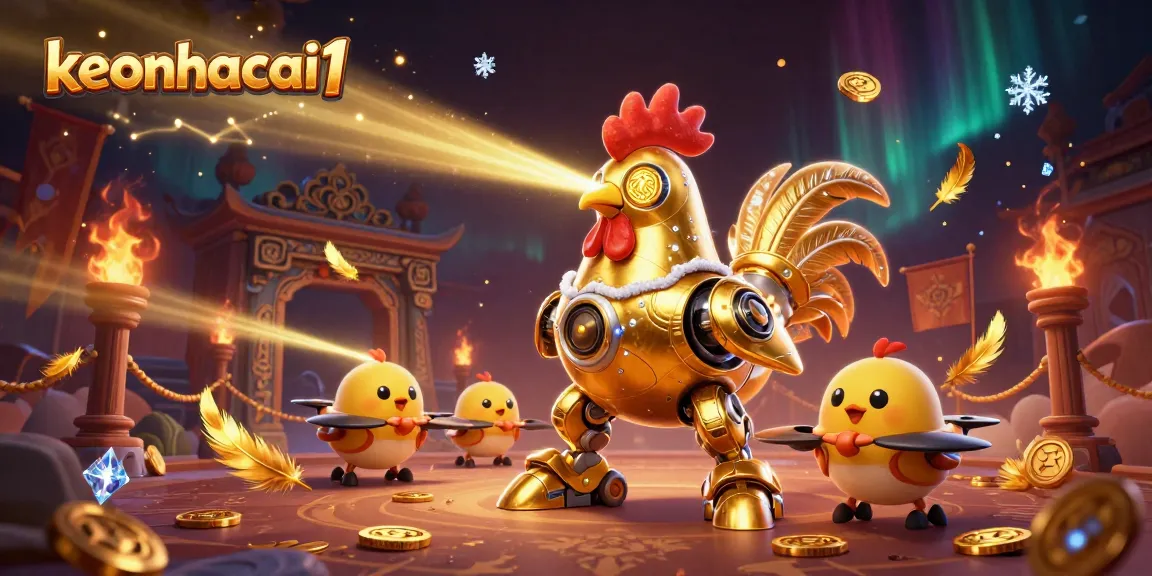 Engage with keonhacai1’s cutting-edge gaming scene featuring a golden rooster robot and baby chick drones