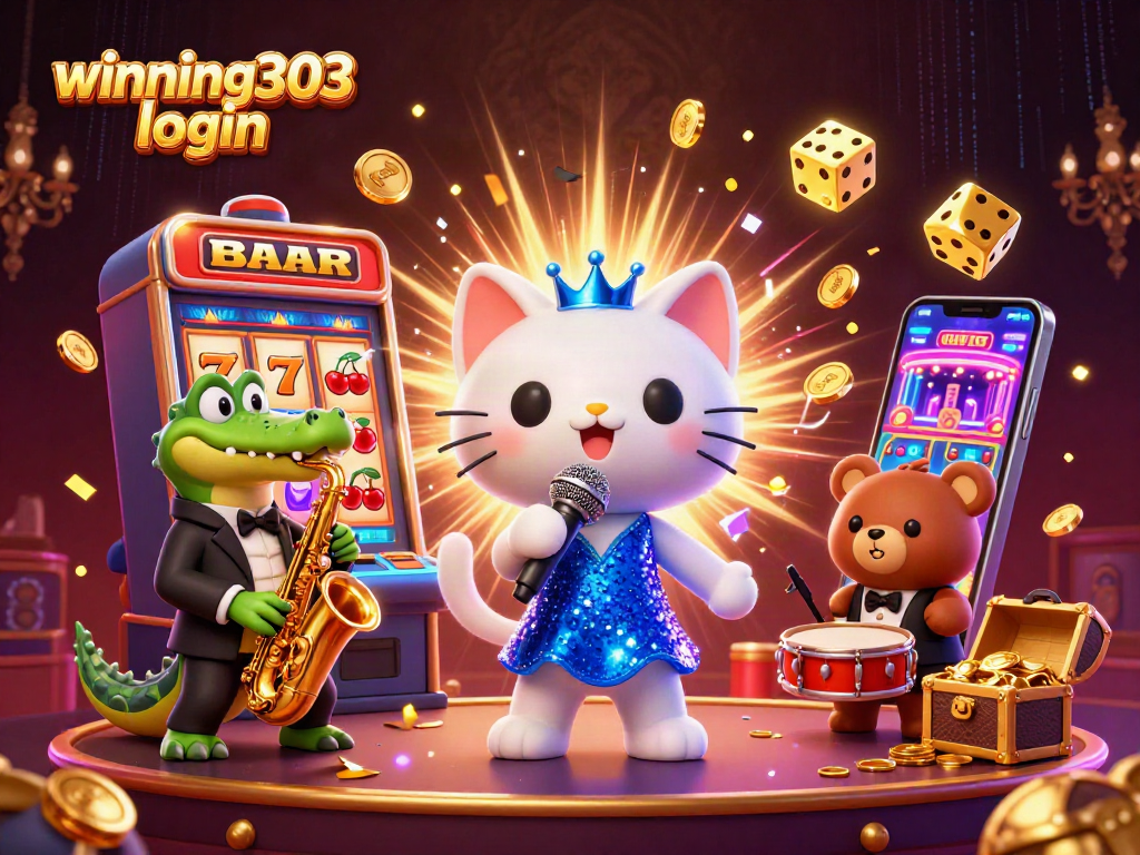 Engage with winning303 login through a vibrant 3D casino scene filled with excitement and character.