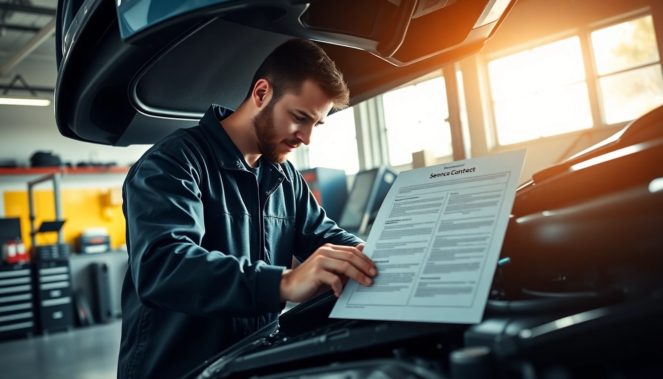 Inspecting vehicle service contract alongside a mechanic examining a car engine