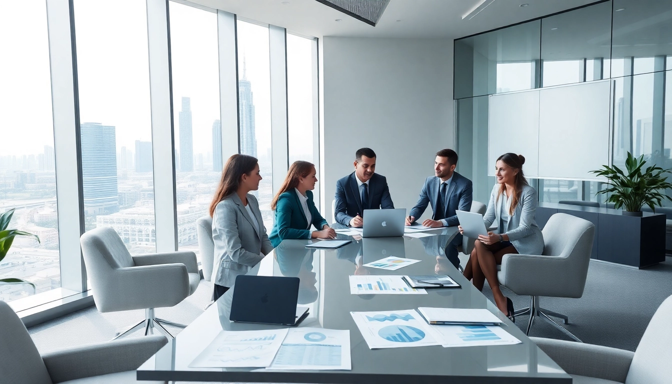 Audit Services in Dubai showcased in a modern office setting with business professionals discussing financial reports.