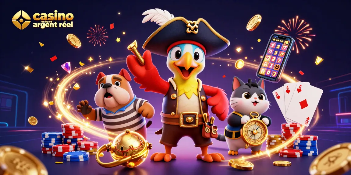 Vivez l'excitation du casino en ligne argent réel avec ce vibrant décor de jeux et personnages animés.