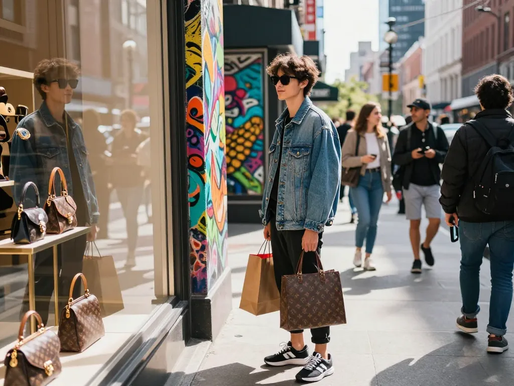 Stylish individual showcasing high-quality 레플리카 accessories in vibrant urban environment.