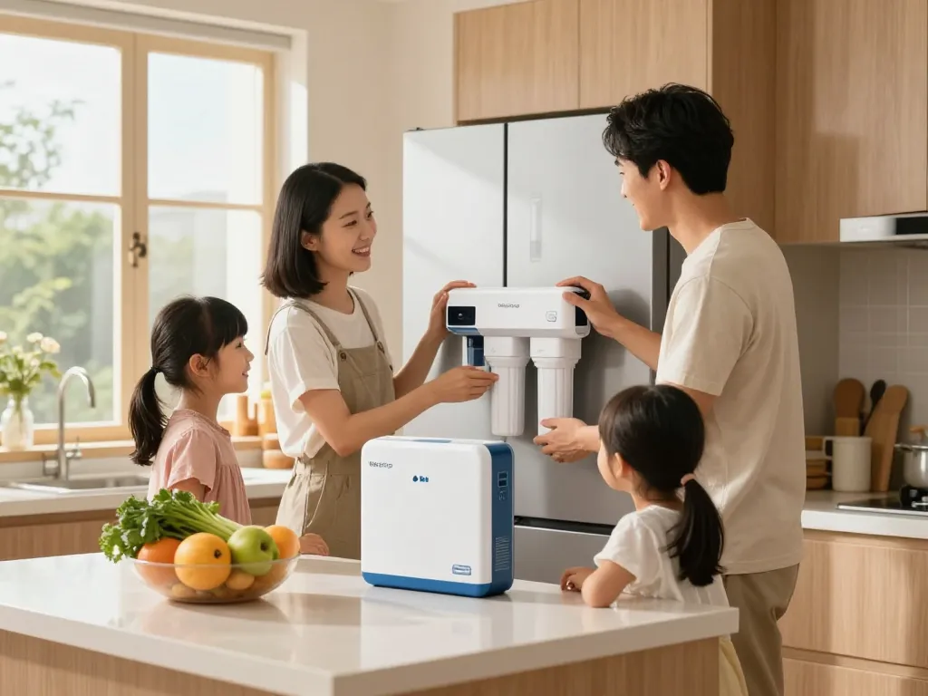Family installing the Waterdrop Plus LT1000PC ADQ747935 NSF 401 Refrigerator Water Filter and Air Filter in a modern kitchen, showcasing healthy living.