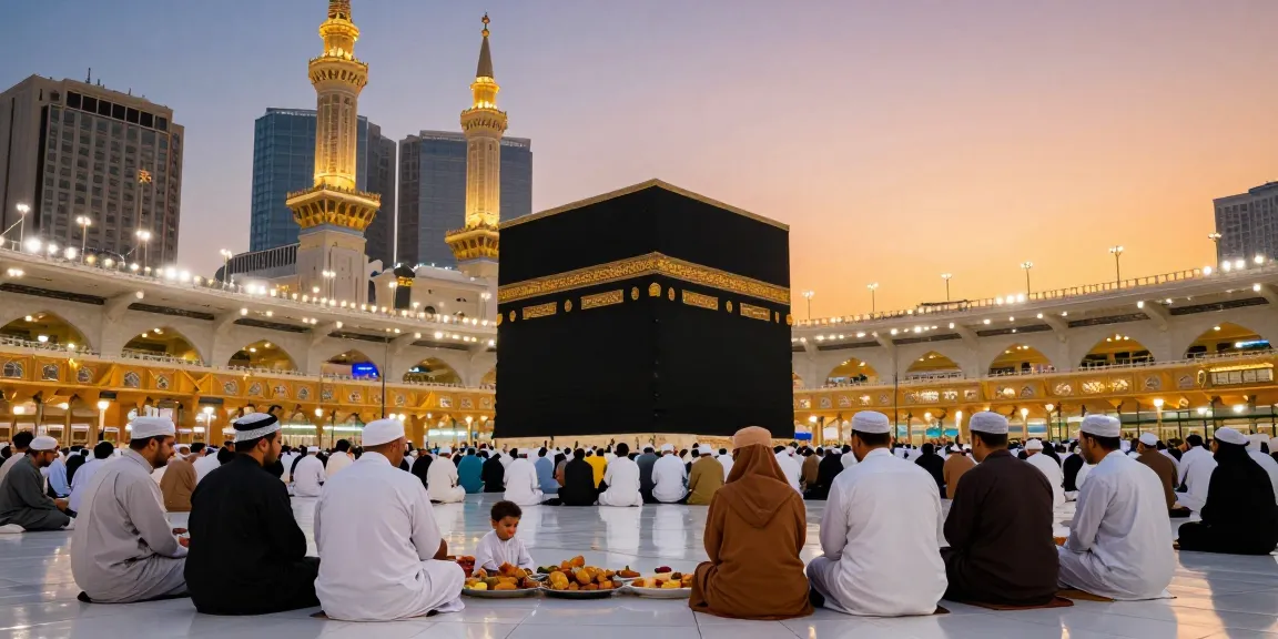 "Umroh Ramadan experience at Masjidil Haram with pilgrims enjoying nighttime reflections, travel guide to sacred destinations."