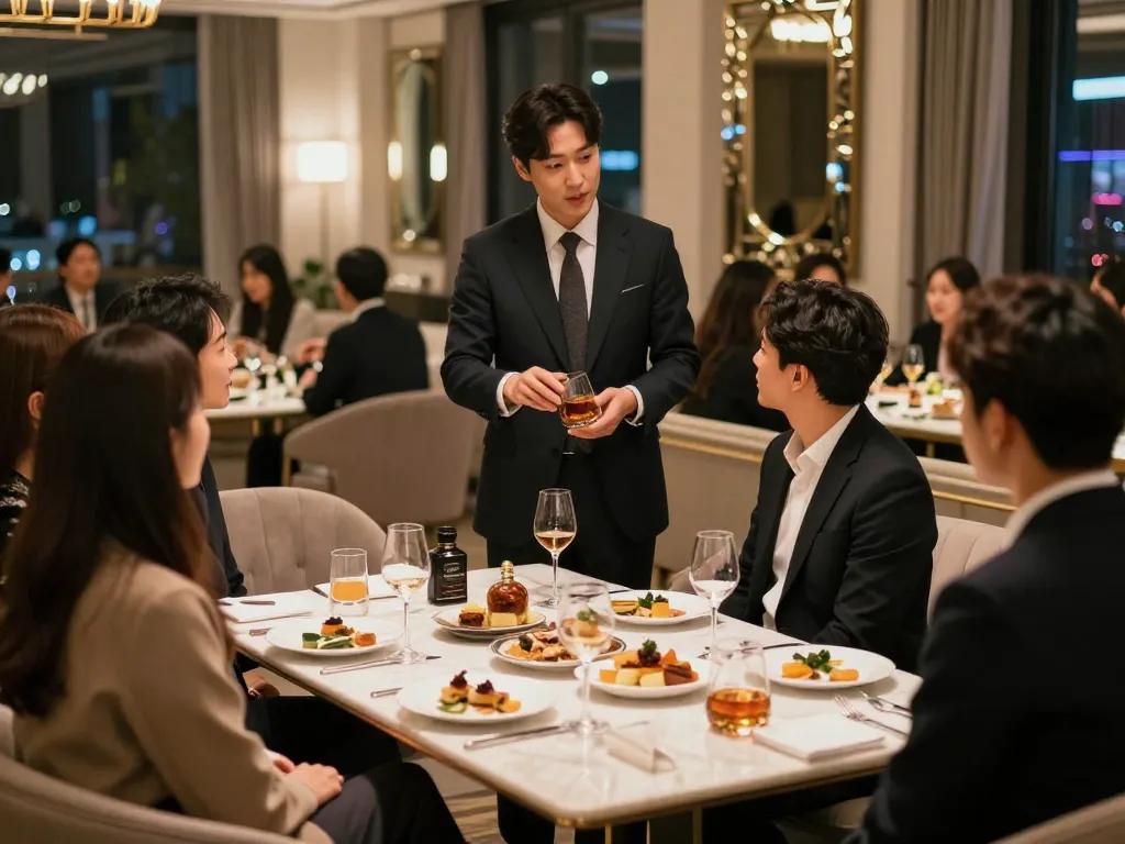 Experience luxury at 강남쩜오 with premium whiskey and gourmet appetizers in an exclusive room salon setting.