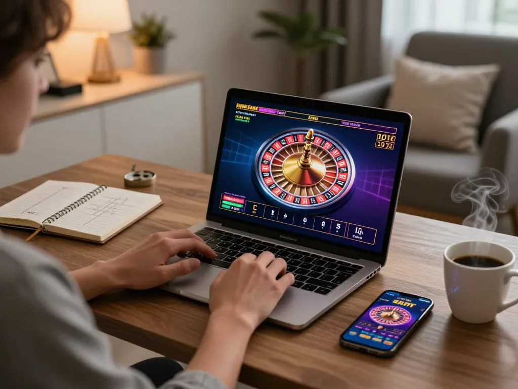 Fly88 user engaging in an online roulette game on a laptop with vibrant visuals and strategic notes