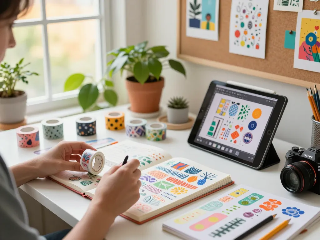Designing custom washi tape surrounded by colorful materials and natural light.