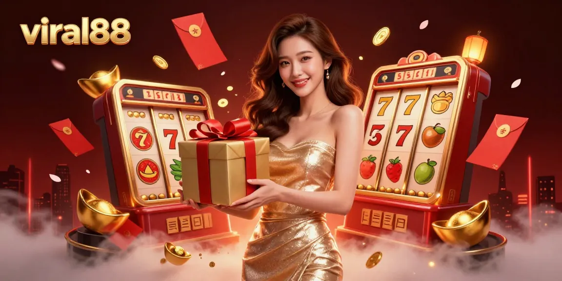 Engage with viral88, featuring exciting slots and celebrations in a vibrant casino-themed illustration.