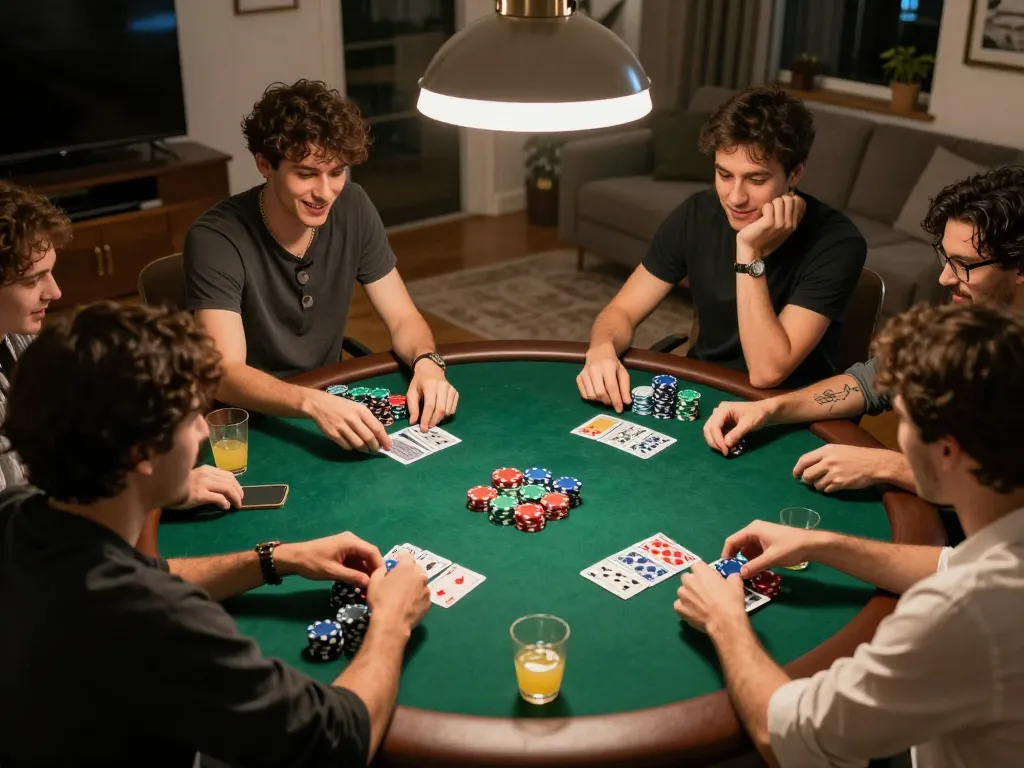 ONEBETASIA home poker night scene showcasing friends enjoying a competitive game with chips and cards.