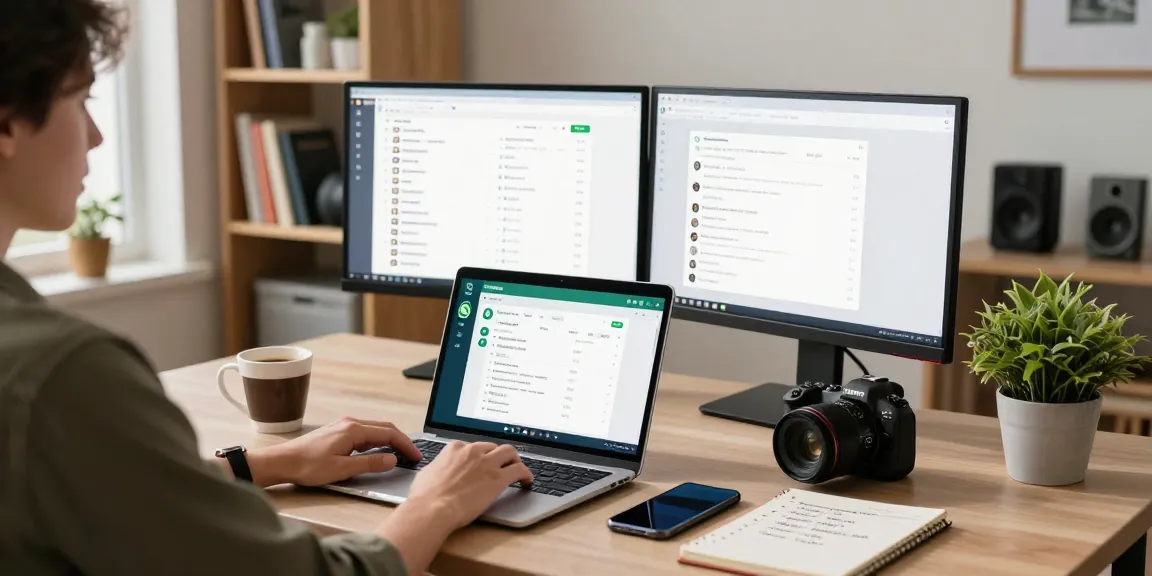 Person using WhatsApp電腦版 in a stylish home office, dual monitors with chat windows, laptop showing messages, cozy atmosphere.