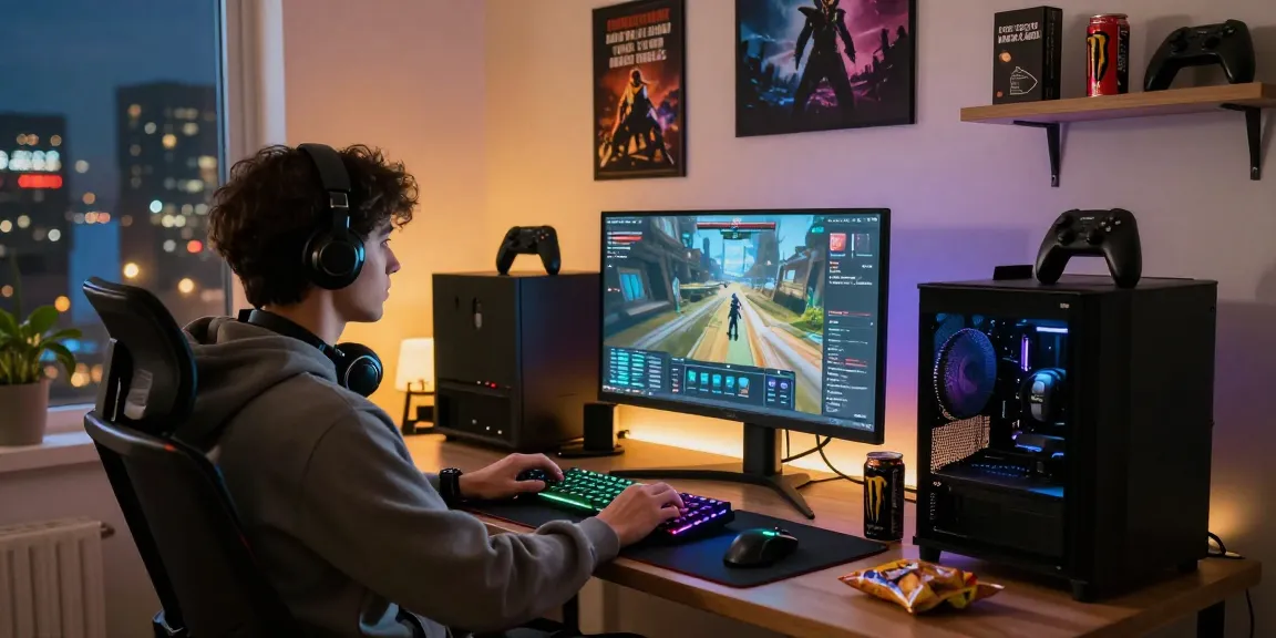 Gamer engaged in intense gaming with cika4d-themed setup in vibrant home office