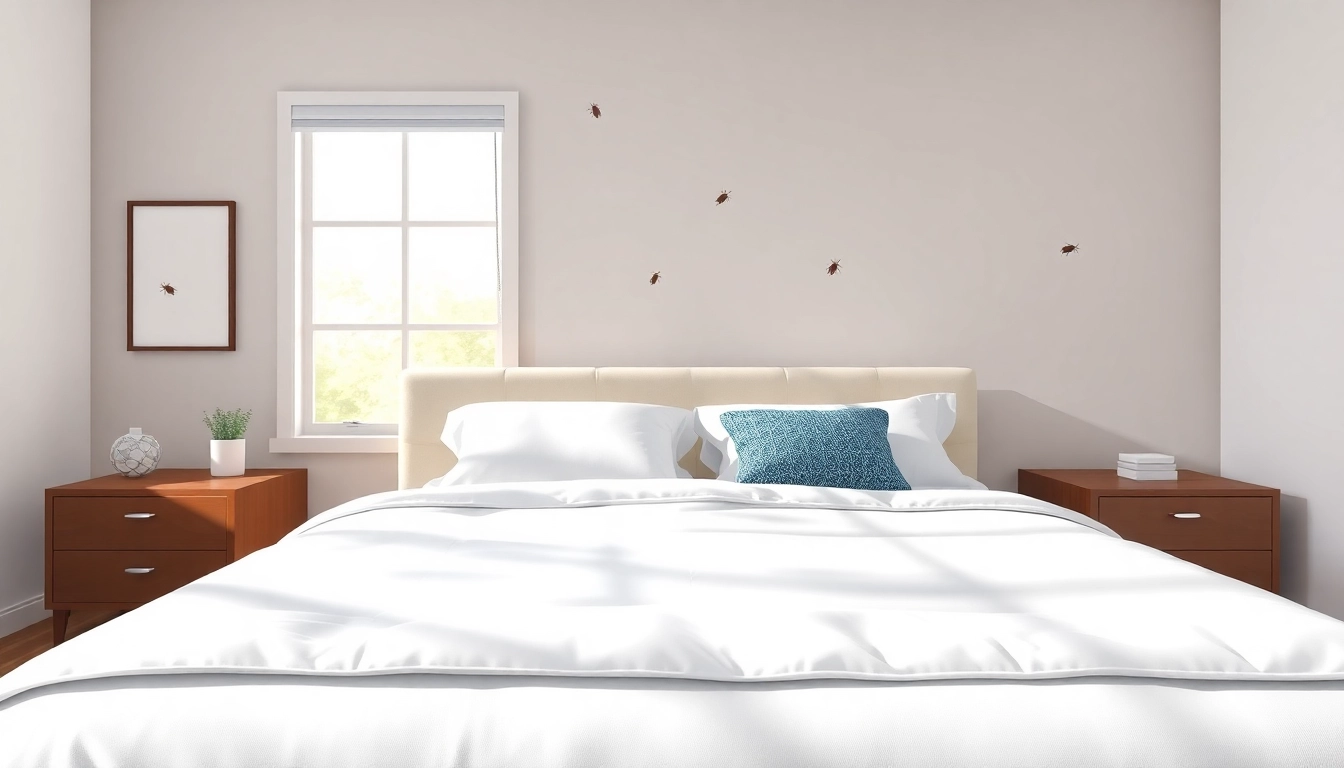 Illustration showcasing affordable bed bug treatment in a modern bedroom, emphasizing comfort and cleanliness.