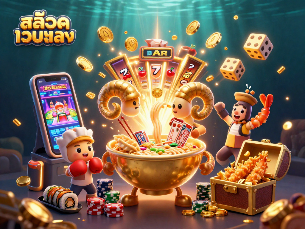 Join the excitement of สล็อตเว็บตรง with a lively scene of a ramen bowl, sushi dealers, and a jackpot explosion!