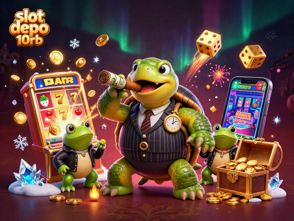 Experience thrilling wins with slot depo 10rb at a vibrant casino scene featuring animated characters and a jackpot explosion.