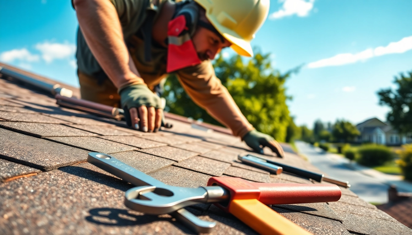 Inspecting reliable roofing services with a roofing contractor assessing a residential roof in a sunny neighborhood.