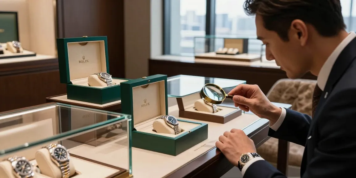 Detailed examination of a rolex replica in an upscale boutique, showcasing luxury and craftsmanship.