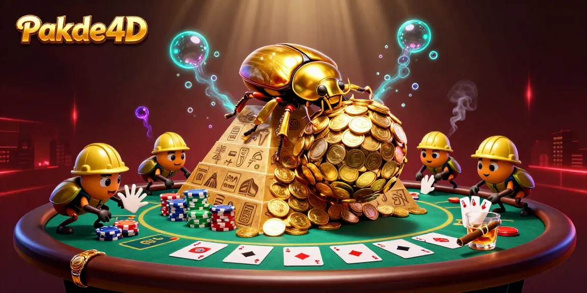 Pakde4D showcases a golden dung beetle amid vibrant casino elements, illustrating online gaming excitement.