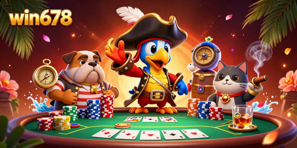 Experience the vibrant win678 casino scene with a pirate captain and a team at a poker table.