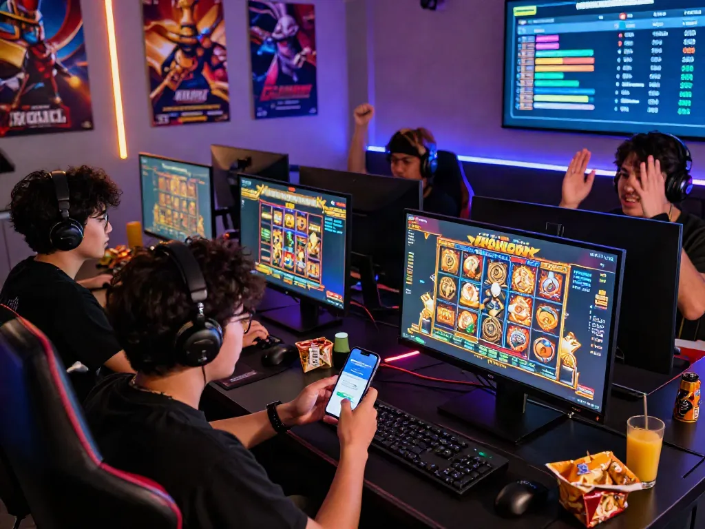 Engaging scene of players enjoying slot gacor games online, highlighting e-wallet deposits and vibrant gaming atmosphere.