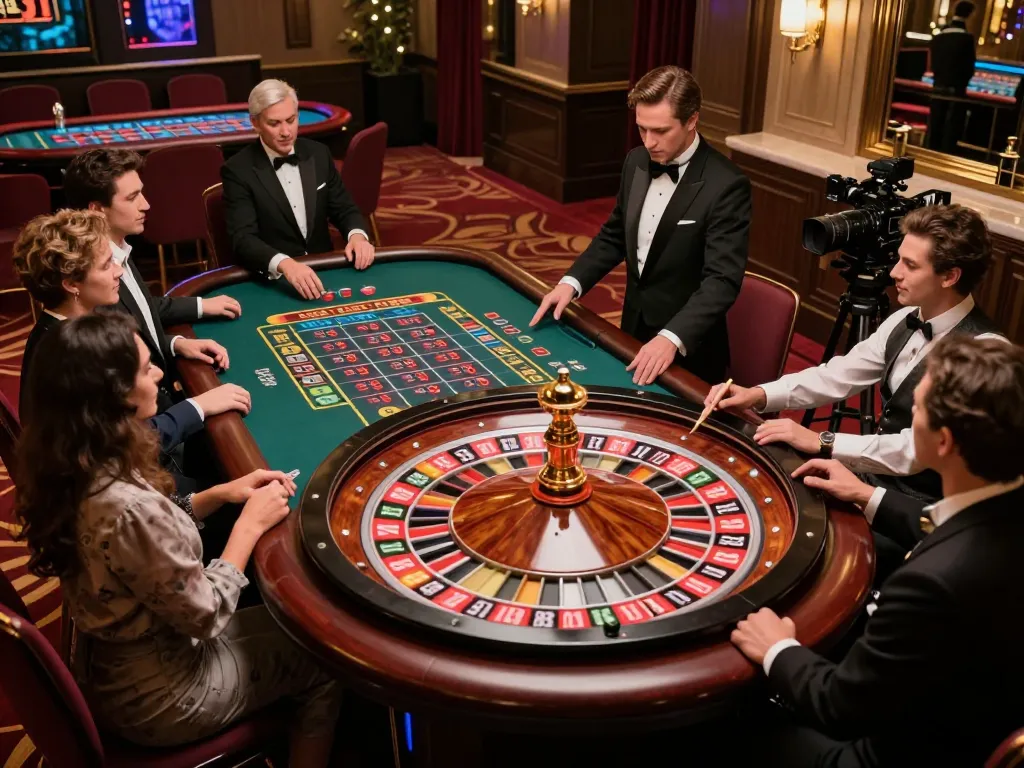 Experience the thrill of link slot kamboja at an elegant roulette table with players placing bets.