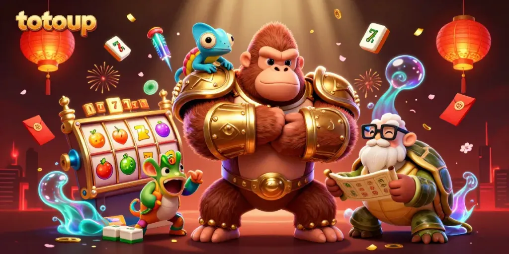 Experience the excitement of totoup gaming with vibrant slot reels and animated characters in a dynamic casino scene.