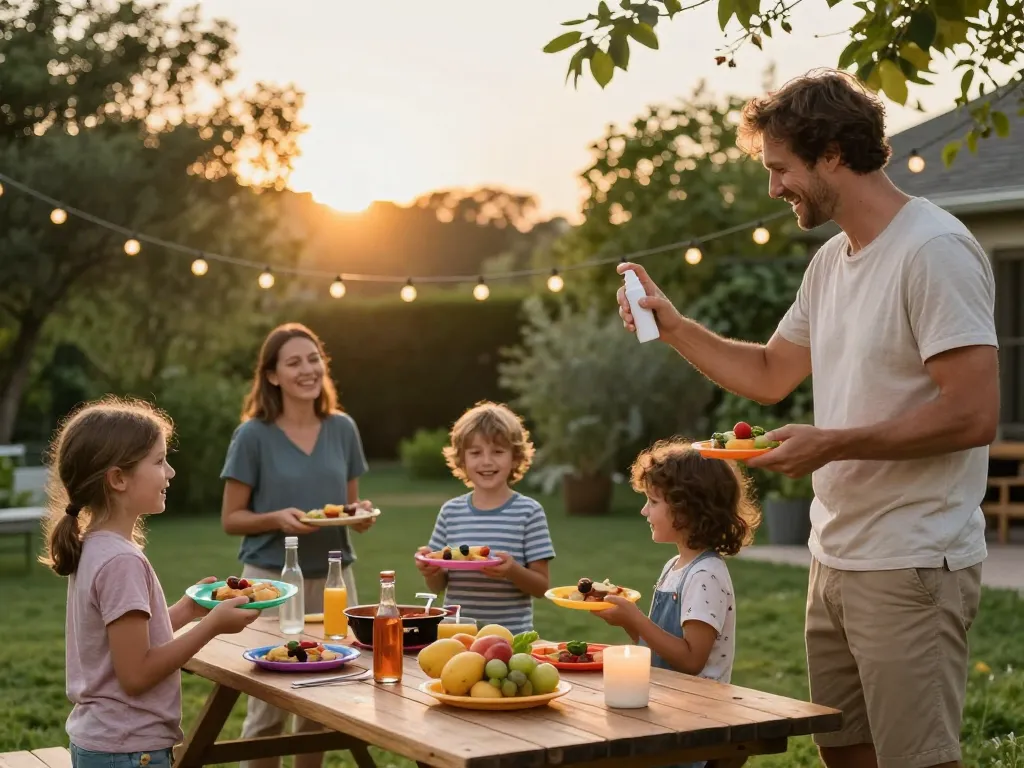 Family using mosquito repellent during summer barbecue, enjoying a mosquito-free outdoor gathering.