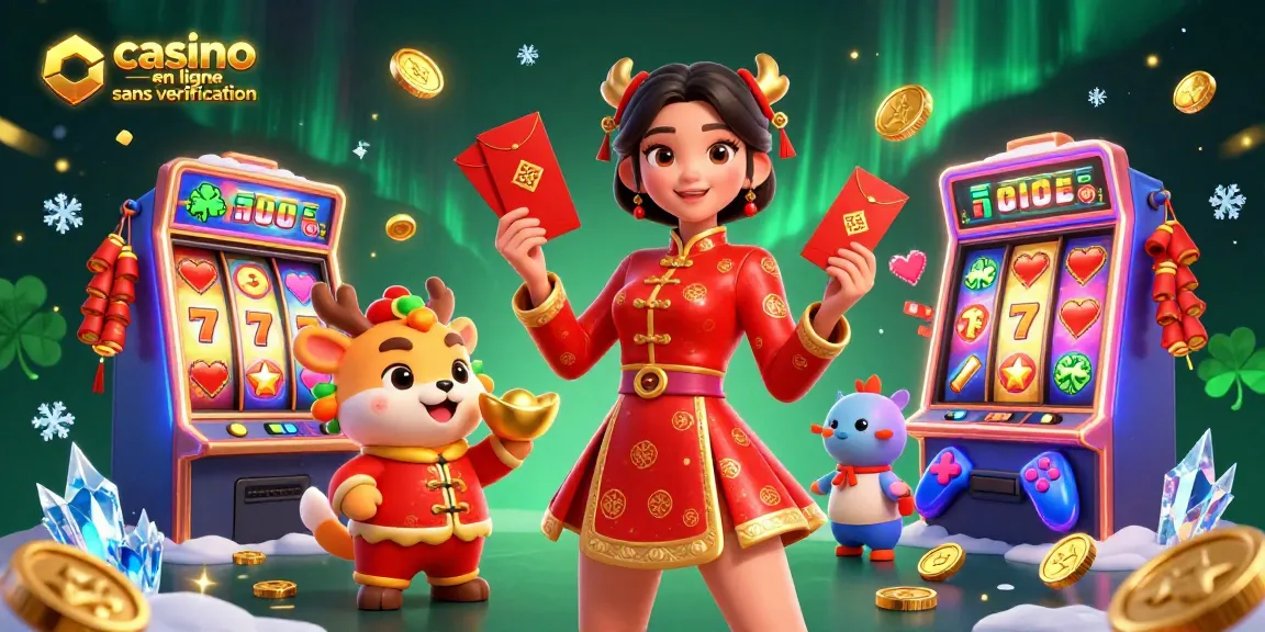 Découvrez l'excitation du casino en ligne sans vérification avec des machines à sous colorées et des personnages festifs.