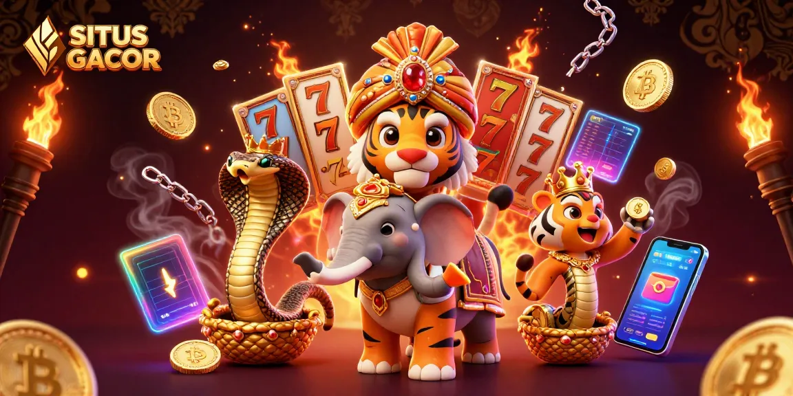 SITUS GACOR promotion featuring a cartoon maharaja tiger and jewel-encrusted elephant amidst slot reels and crypto coins.