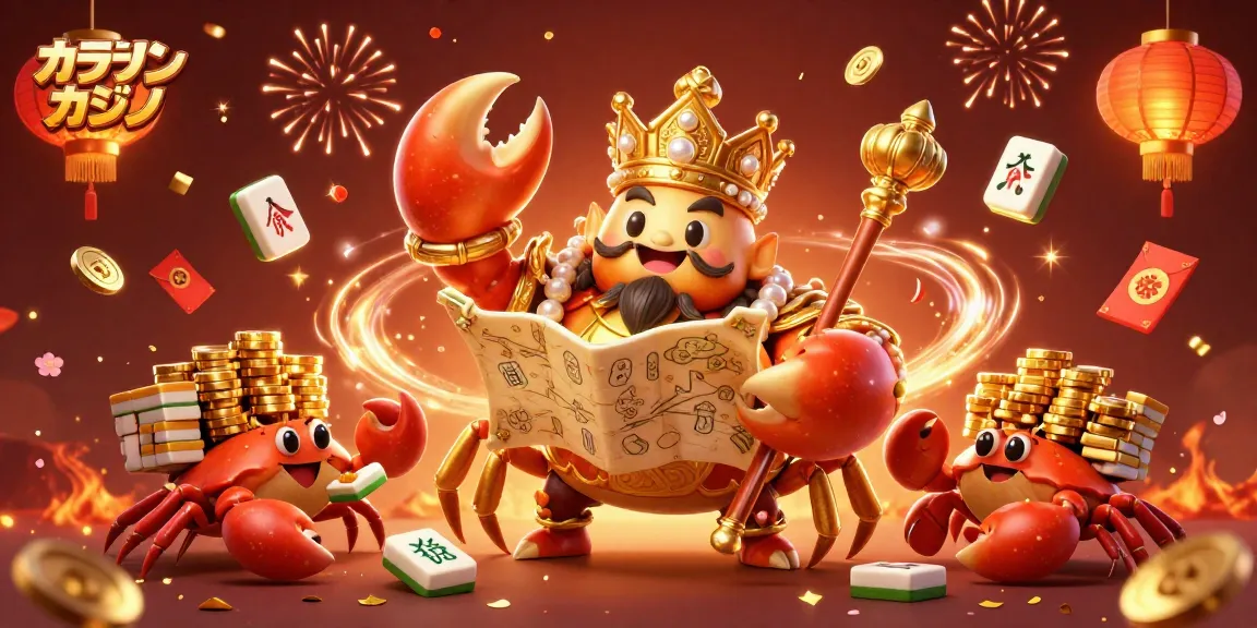 オンラインカジノでの勝利を祝う黄金のカニ皇帝と仲間たちが描かれた華やかなシーン。