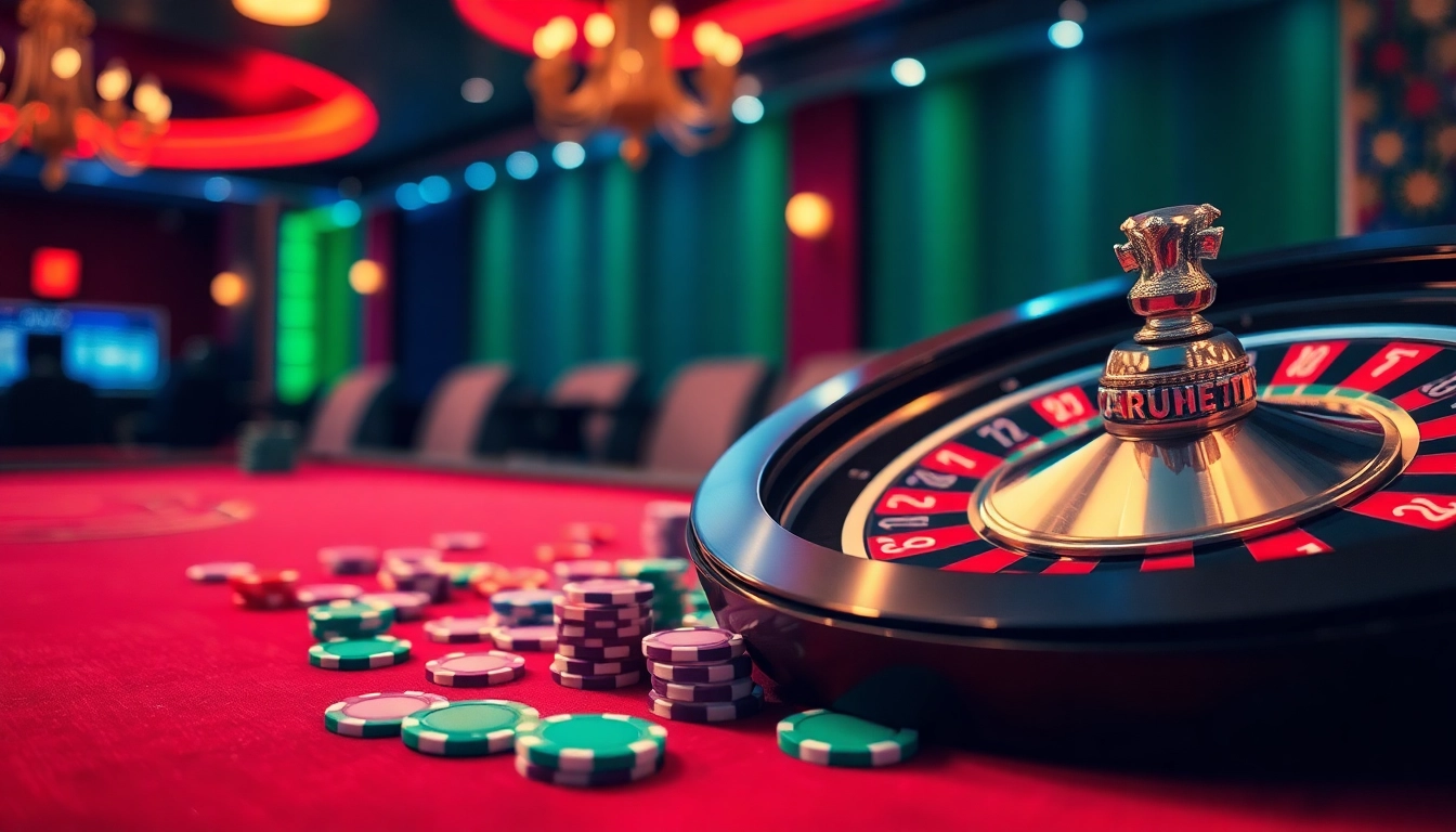Vibrante Darstellung eines Spiels mit casino bonus ohne einzahlung neu, Roulette und Pokerchips im Fokus.