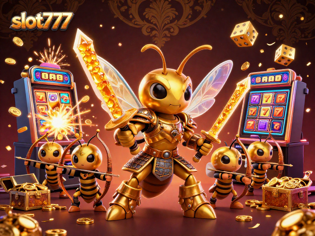 Experience thrilling action with slot777 as giant hornets wield katanas amid jackpot excitements and coins.
