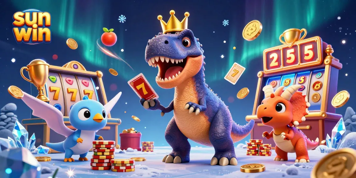 Sun win showcases a lively casino scene with a T-Rex, pterodactyl, and triceratops engaging in fun gambling activities.
