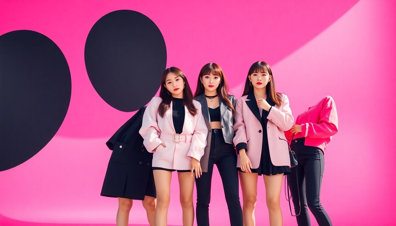 Blackpink members posing stylishly with vibrant outfits and a dynamic backdrop