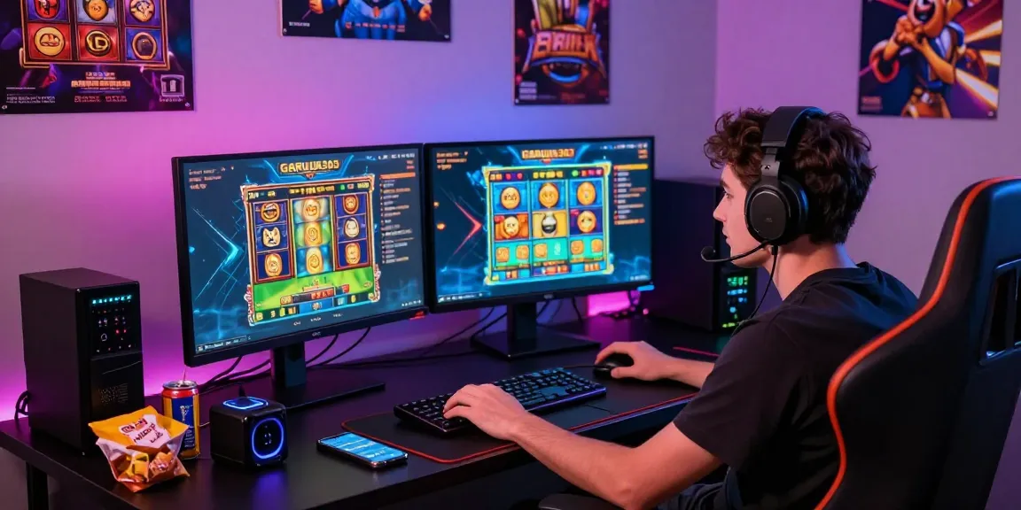 garuda303 login gaming setup with vibrant slot games, LED lights, and focused player experience