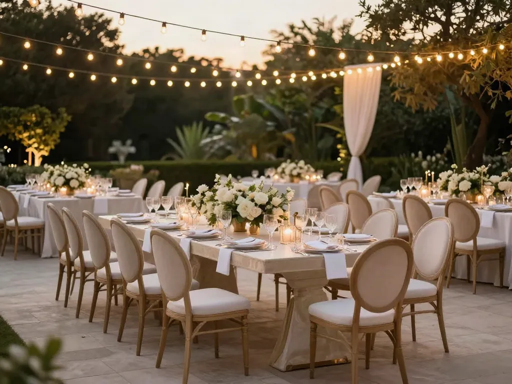 Event furniture rental showcasing luxurious banquet setup with elegant chairs and tableware in an upscale outdoor setting.
