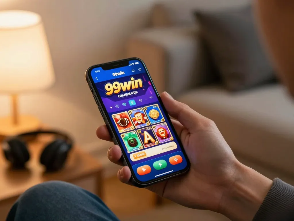 Person enjoying online casino games on the 99win app from a cozy home setting