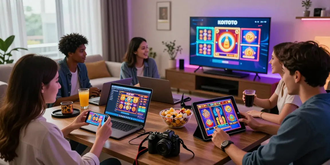 Excited players enjoying situs slot games on various devices in a modern living room.