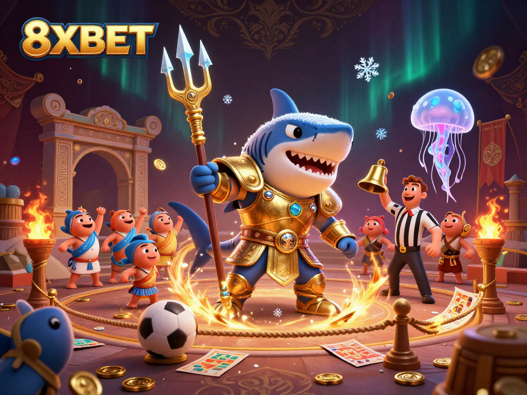 Bet on sports wins with 8XBET's dynamic underwater illustration featuring a gladiator shark.